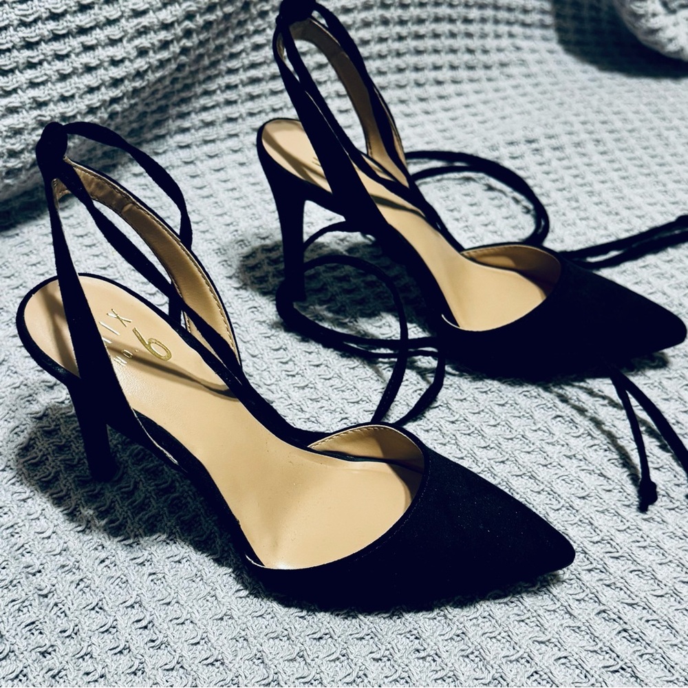 Mix No 6 Black Suede tie up the ankle black stilettos Size 7